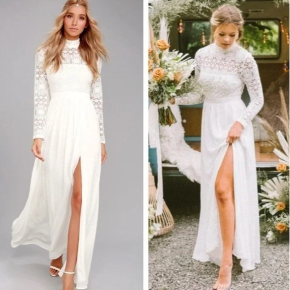 NWT Lulus In Dream White Long Sleeve Lace Maxi Dress sz M